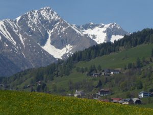 Die winterlichen Gipfel Preber, Roteck und Gr. Barbaraspitze hoch über blühenden Wiesen in der Krakau