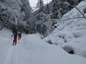 Aufstieg in der Langteichen vorbei an der durch die hohe Temperatur der letzten Woche markant gesetzte Altschneedecke