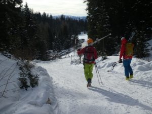 Kurze Tragepassage zur Schonung der Skier zurück zum Ausgangspunkt