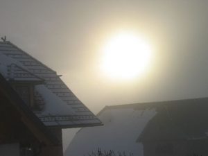 Nebel und leichter Schneefall beim Sonnenaufgang in Krakauebene